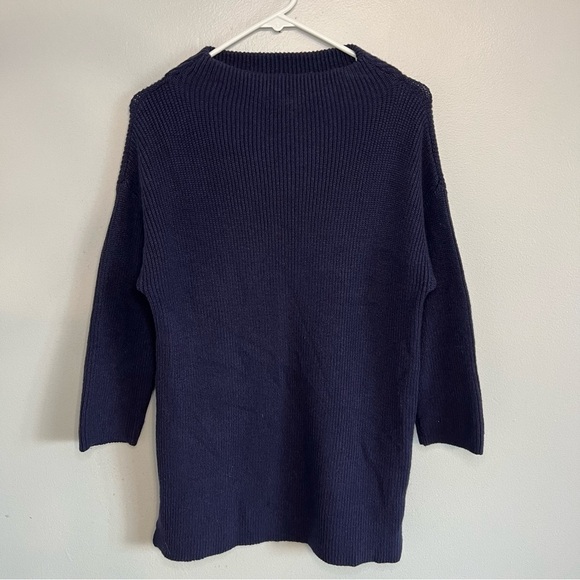 Chico's Wool Rayon Blend Knit Mock Neck Sweater Tunic Sz M Navy Blue Casual - Picture 1 of 9